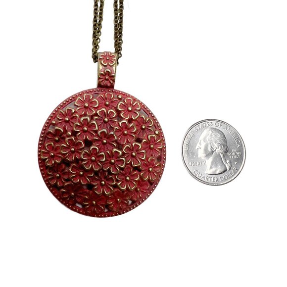 Floral Medallion Red Orange Patina Pendant Double Chain Antique Bronze - Picture 10 of 10